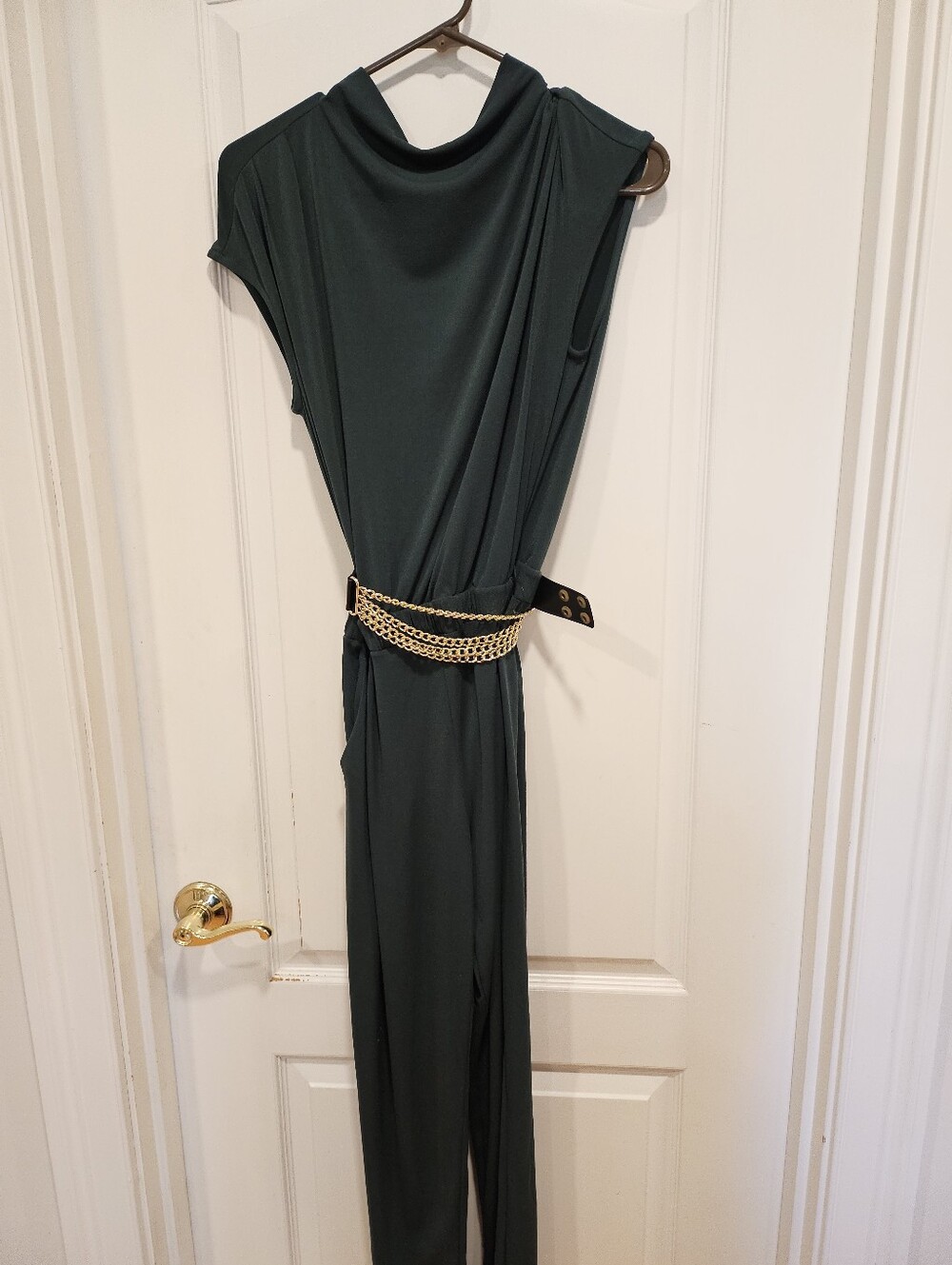 JLo Elegant Dark Green Draped Jumpsuit with Pockets & Gold Chain Belt
